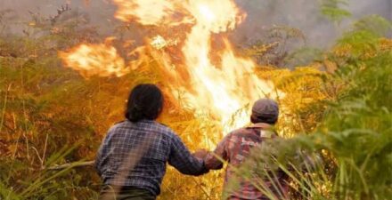 Dua warga di tengah kobaran api kebakaran lahan di Kotim, Kalimantan Tengah.