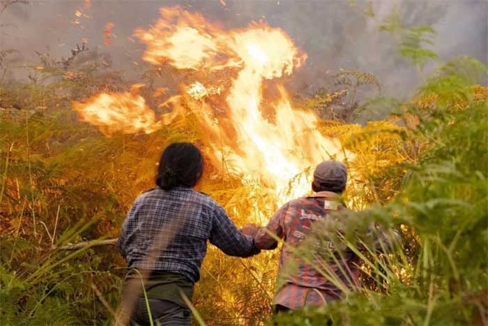 Dua warga di tengah kobaran api kebakaran lahan di Kotim, Kalimantan Tengah.