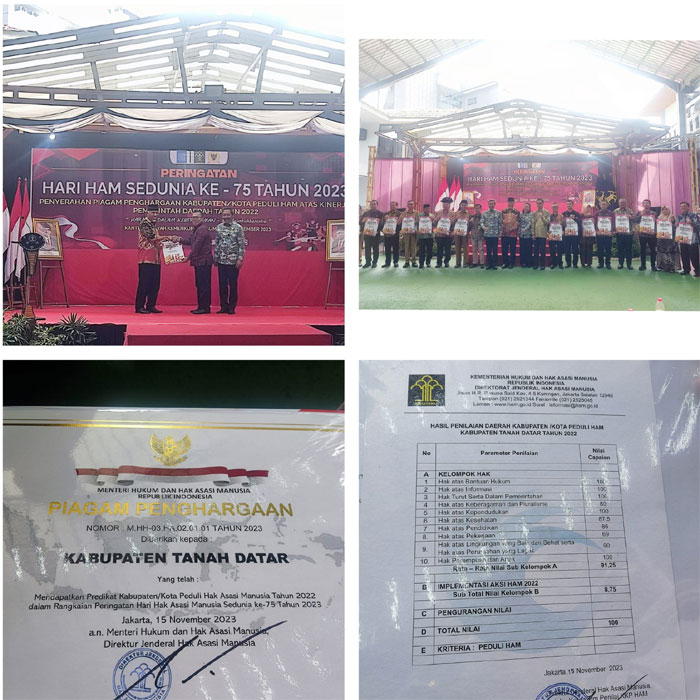 Kabupaten Tanah Datar kembali raih penghargaan Kabupaten Peduli HAM untuk ke 7 kalinya , yang diberikan oleh Gubernur Sumbar dan diterima oleh Sekda mewakili Bupati di Kanwil Kemenkumham Prop. Sumbar, Senin 18 Desember 2023.