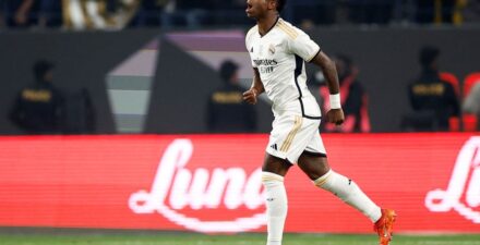 Vinicius Jr hattrick ke gawang Barcelona di Piala Super Spanyol 2023-2024.