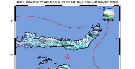 BMKG, Gempa 5,5 SR di Bone Bolango, Pusat di Kedalaman 129 km