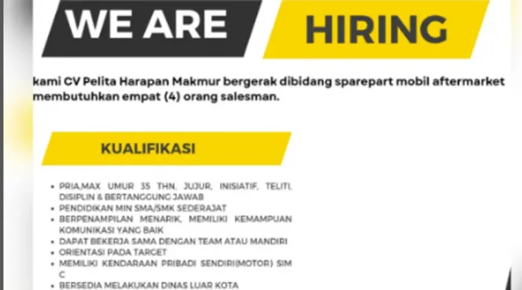 CV Harapan Makmur Buka Peluang Karier Sebagai Salesman, Simak Syarat dan Benefitnya!