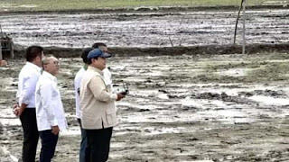 Presiden Prabowo Subianto menebarkan benih padi menggunakan drone.