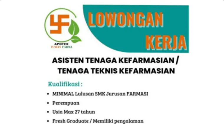 Dibuka! Lowongan Asisten Tenaga Kefarmasian , Apotek Yuwan Farma Pekanbaru.