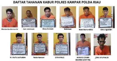 Sebanyak 11 tahanan kabur dari Polres Kampar.
