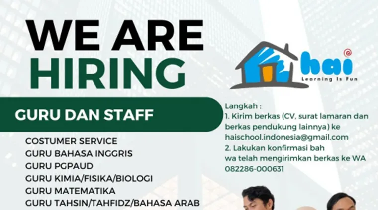 Hai School Buka Lowongan Kerja! Dibutuhkan Guru PG-PAUD, Bahasa Inggris, Matematika hingga Customer Service.