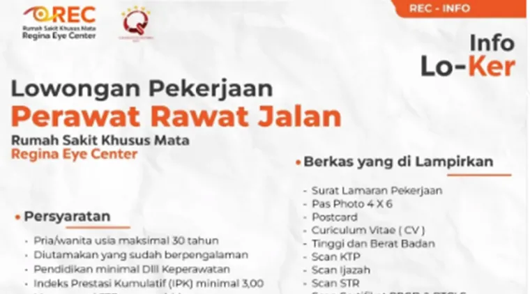 Kesempatan Berkarier di Klinik Mata Terpercaya! Dibuka Lowongan Perawat di Regina Eye Center.