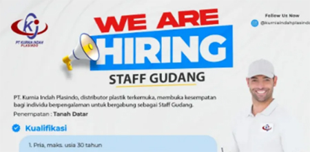 PT. Kurnia Indah Plasindo Buka Lowongan Staff Gudang, Penempatan Tanah Datar.