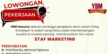 Daftar Sekarang! Lowongan Staf Marketing di YBM Hasuna, Lembaga Zakat dan Wakaf Terpercaya.