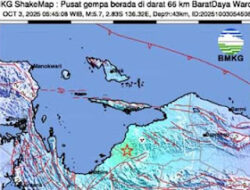 BMKG, Gempa M 5,7 di Darat Waropen, Kedalaman 43 Km