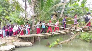 Sejumlah siswa SDN melintasi jembatan bambu lapuk dan nyaris ambruk menuju sekolah.