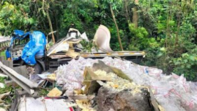 Truk Muatan Ayam Beku Rem Blong Tabrak Motor di Tahura Bung Hatta, Terbalik Tiga Kali.