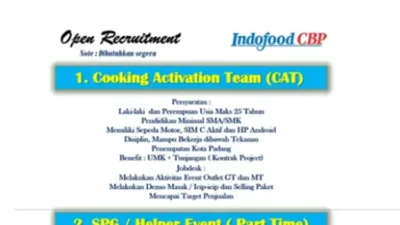 PT. Indofood CBP Buka Lowongan di Kota Padang, Posisi Cooking Activation Team & SPG/Helper Event.