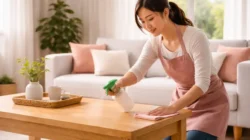 Seorang perempuan membersihkan rumah