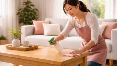Seorang perempuan membersihkan rumah