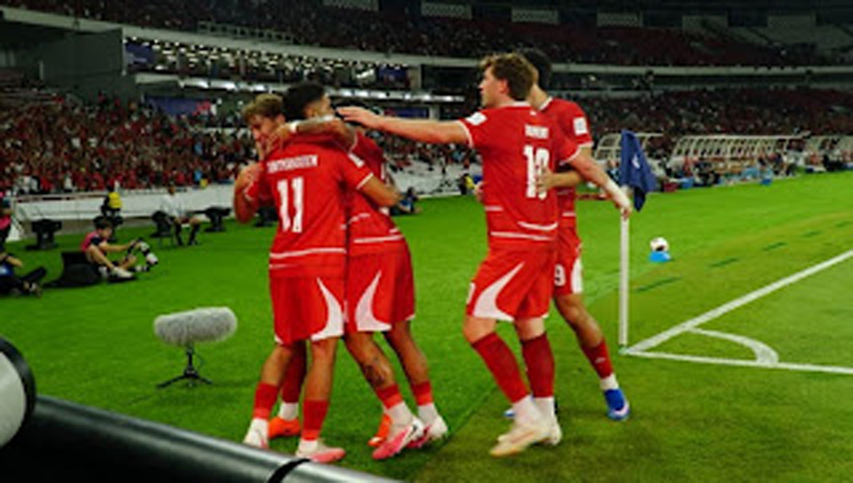 Selebrasi pemain Timnas Indonesia usai lesatkan gol ke gawang Singapura di FIFA ASEAN Cup 2026.